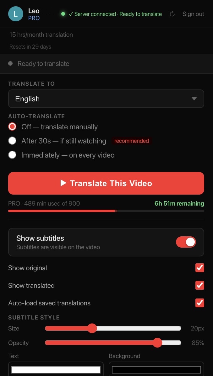 LinguaPlay extension popup showing translation controls and subtitle settings