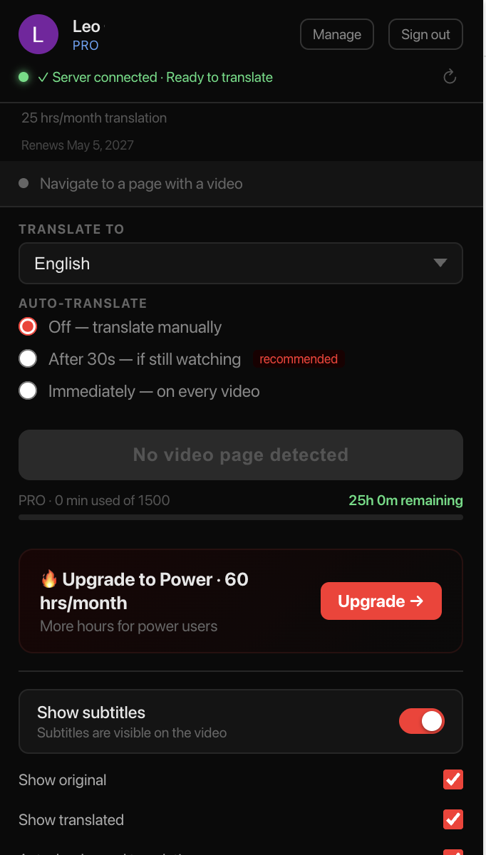 LinguaPlay extension popup showing translation controls and subtitle settings
