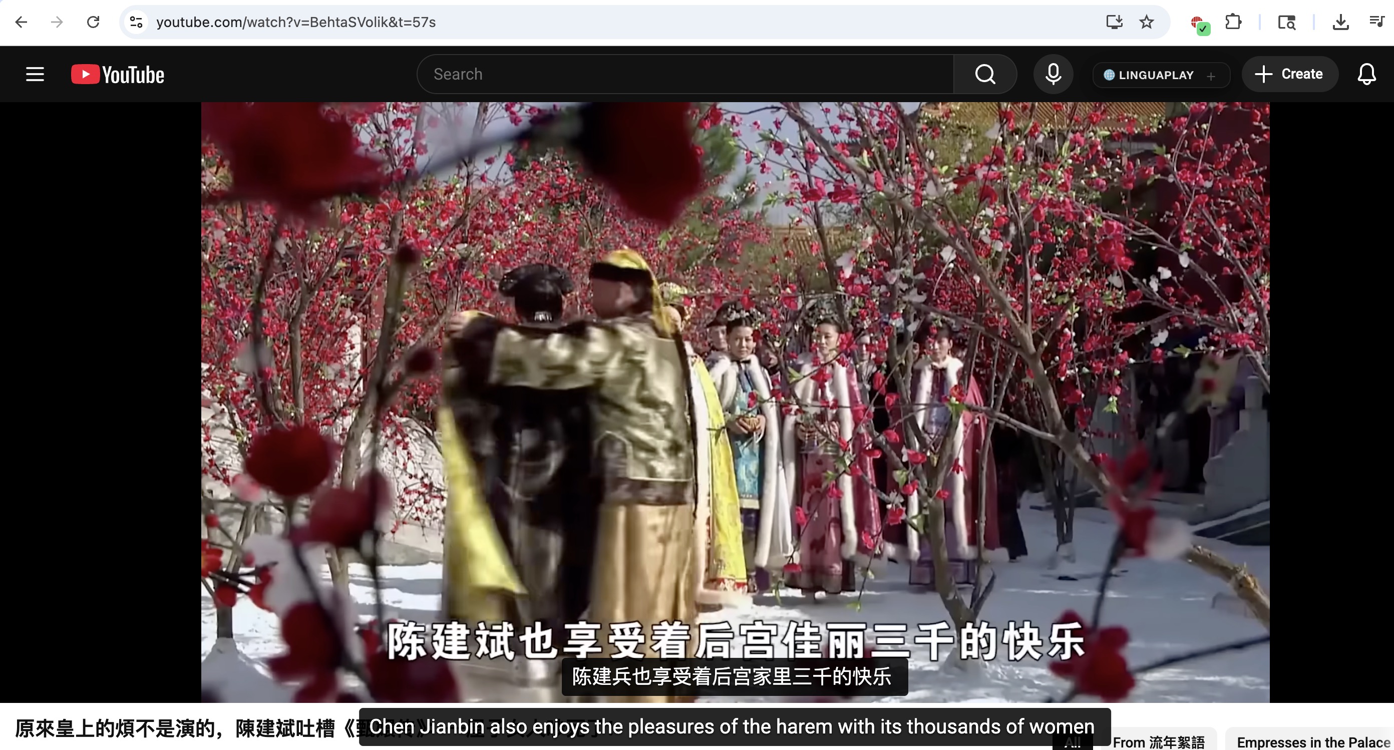LinguaPlay showing English subtitles on a Chinese historical drama scene